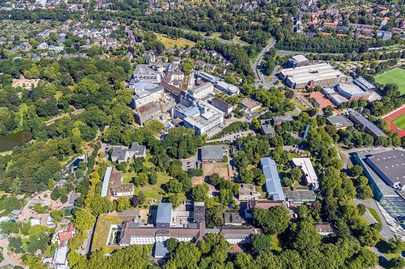 Aerial view, St. Josef-Hospital - Catholic Clinic Bochum, extension, conversion, Grumme, Bochum, Ruhr area, North Rhine-Westphalia, Germany, DE, Europe, birds-eyes view, aerial photography, aerial photography, overview, overview, bird's eye view, urban planning, conversion measures, construction site, overplanning