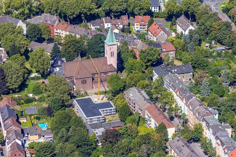Aerial photograph, ÐŸÑ€Ð°Ð²Ð¾ÑÐ°Ð²Ð½Ð°Ñ Ð¦ÐµÑ€ÐºÐ¾Ð²ÑŒ, Russian Orthodox Church Feldsieper Straße, Grumme, Bochum, Ruhr area, North Rhine-Westphalia, Germany, DE, Europe, birds-eyes view, aerial photograph, aerial photography, aerial photography, overview, bird's eye view, urban planning, reconstruction measures, construction site, overplanning