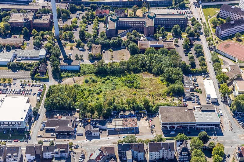 Aerial view, area at Castroper Straße for the planned Green Mosque Ruhr, next to car dealership Feix, Grumme, Bochum, Ruhr area, North Rhine-Westphalia, Germany, DE, Europe, birds-eyes view, aerial view, aerial photography, aerial photography, overview, overview, bird's eye view, urban planning, reconstruction measures, construction site, overplanning