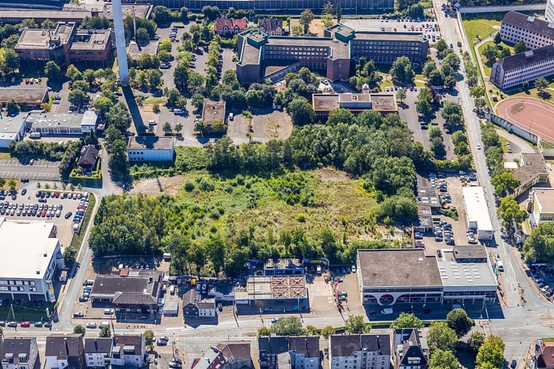 Aerial view, area at Castroper Straße for the planned Green Mosque Ruhr, next to car dealership Feix, Grumme, Bochum, Ruhr area, North Rhine-Westphalia, Germany, DE, Europe, birds-eyes view, aerial view, aerial photography, aerial photography, overview, overview, bird's eye view, urban planning, reconstruction measures, construction site, overplanning