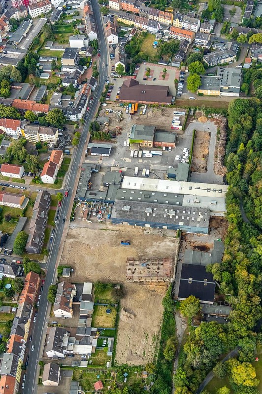 Aerial view, construction site Hansastrasse 53, Wattenscheid, Bochum, Ruhr area, North Rhine-Westphalia, Germany, construction work, construction, construction area, construction site, building plots, construction project, construction site, Bochum-Wattenscheid, DE, Europe, aerial view, aerial photography, aerial photography, aerial photography, Wattenscheid district, overview, bird's-eye view, bird's-eye view, overview