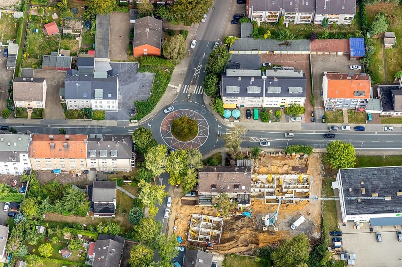 Aerial view, construction site new building Hansastraße 84 at roundabout, Wattenscheid, Bochum, Ruhr area, North Rhine-Westphalia, Germany, Bochum-Wattenscheid, DE, Europe, roundabout, aerial view, aerial photography, aerial photography, district Wattenscheid, star shape, overview, bird's eye view, bird's eye view, overview