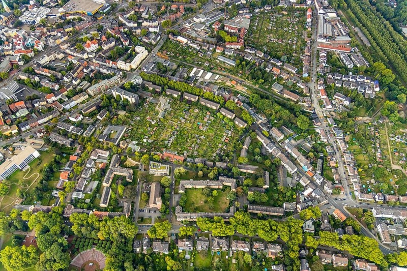 Aerial view, allotment garden site Friedlicher Nachbar, Hüllerstraße, allotment garden association Lehmkuhle Wattenscheid e.V., Laubenstraße, residential area, Wattenscheid, Bochum, Ruhr area, North Rhine-Westphalia, Germany, Bochum-Wattenscheid, DE, Europe, community garden, KGV, allotment garden, allotment garden site, allotment garden association, aerial view, aerial photography, aerial photography, allotment garden, district Wattenscheid, overview, bird's-eye view, overview