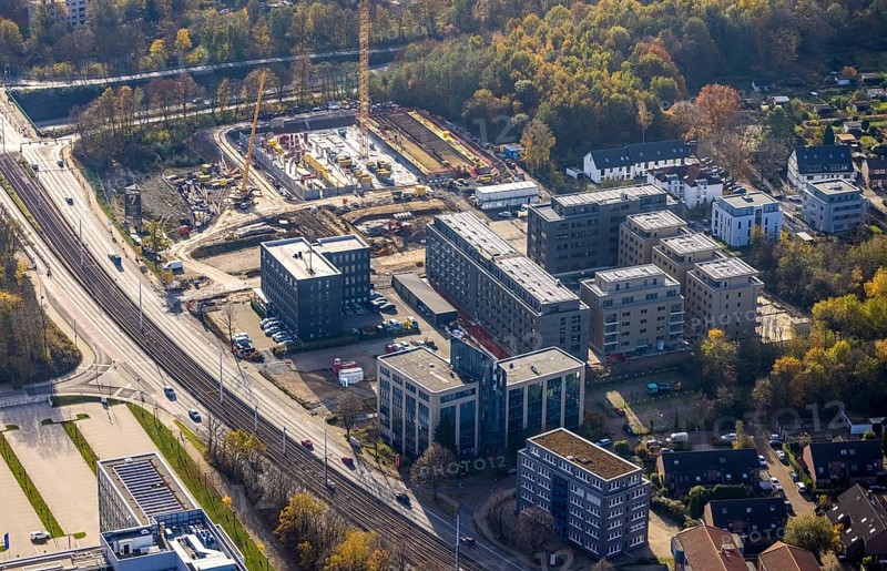 Police Bochum police station south-east, construction site new building residential neighbourhood Seven Stones, Universitätsstraße, Bochum, North Rhine-Westphalia, Germany, 7 Stones, construction work, construction, construction area, building site, building plots, construction project, construction site, DE, Europe, real estate, climate protection settlement, aerial photograph, aerial photo, aerial photography, aerial photography, apartment buildings, new construction, photovoltaics, Ruhr area, Seven Stones, solar plant, solar energy, overview, bird's-eye view, housing estate, housing and living, residential buildings, residential neighbourhood, residential neighbourhood Seven Stones Bochum, housing estate, housing shortage, birds-eyes view, overview