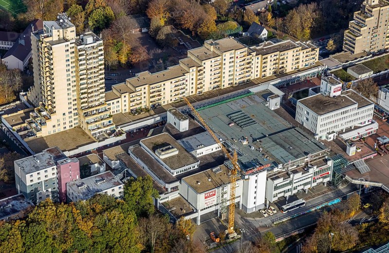 Uni-Center Bochum, Ruhr-Universität Bochum, RUB, Querenburg, Bochum, Ruhr area, North Rhine-Westphalia, Germany, construction crane, education, educational institution, DE, shopping square, shopping centre, Europe, educational institute, aerial view, aerial photography, aerial photography, local supply centre, Querenburger Höhe, shopping centre, overview, university, Universitätsstraße, bird's-eye view, bird's-eye view, overview