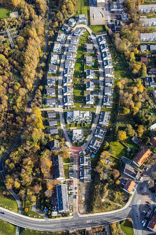 Residential area Mark'scher Bogen, Weitmar, Bochum, Ruhr area, North Rhine-Westphalia, Germany, An Der Holtbrügge, DE, Europe, property tax, real estate, aerial view, aerial photography, aerial photography, oval shape, overview, bird's eye view, residential area, living and life, residential area, residential buildings, quality of life, residential neighbourhood, housing estate, bird's eye view, overview
