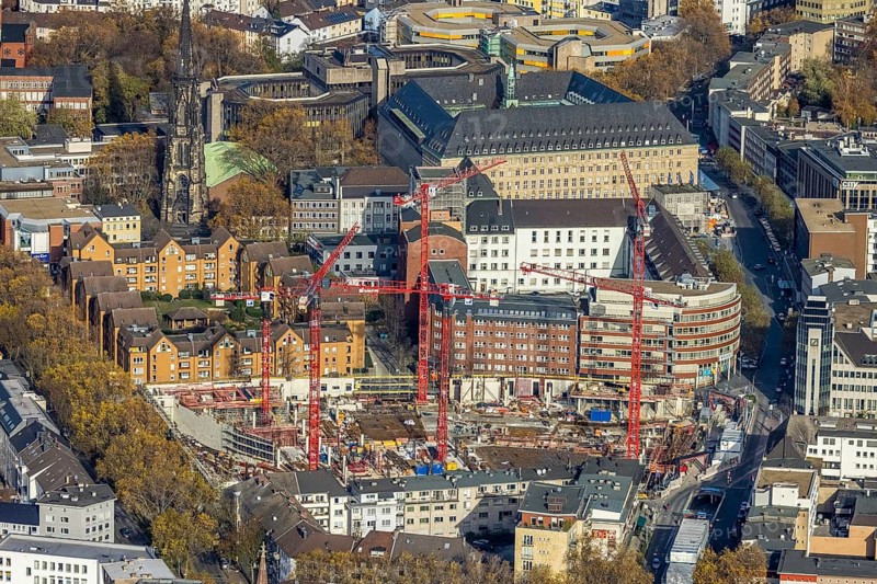 Construction site and new construction for three-part commercial building complex Viktoria Karree, Viktoriastraße, former justice centre, RuhrCongress Bochum Verwaltungs-GmbH, Gleisdreieck, Bochum, Ruhr area, North Rhine-Westphalia, Germany, construction work, construction vehicles, construction area, construction site, building plots, construction crane, construction project, construction project, construction site, authority, DE, Europe, aerial view, aerial photograph, aerial photography, aerial photography, new building, Bochum town hall, overview, Viktoria Karree, bird's eye view, birds-eyes view, overview