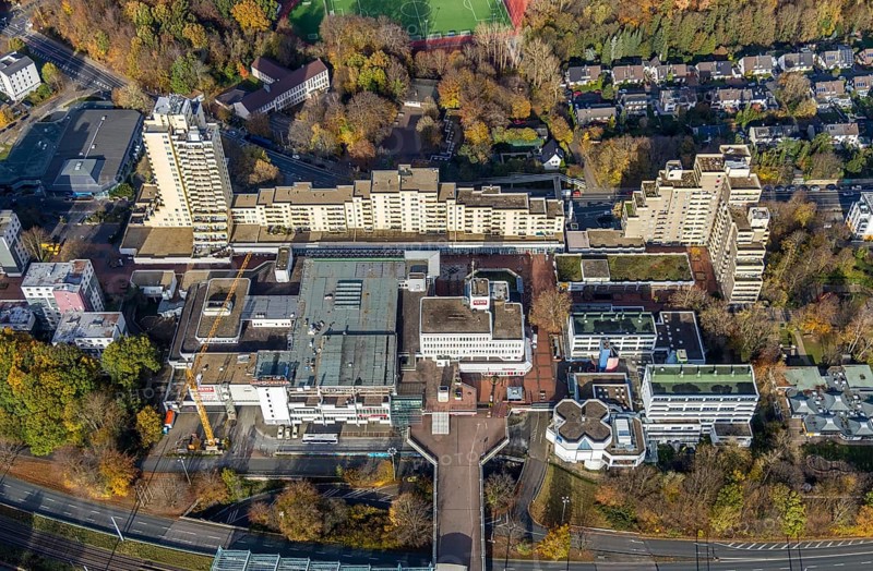 Uni-Center Bochum, Ruhr-Universität Bochum, RUB, Querenburg, Bochum, Ruhr area, North Rhine-Westphalia, Germany, construction crane, education, educational institution, DE, shopping square, shopping centre, Europe, educational institute, aerial view, aerial photography, aerial photography, local supply centre, Querenburger Höhe, shopping centre, overview, university, Universitätsstraße, bird's eye view, birds-eyes view, overview