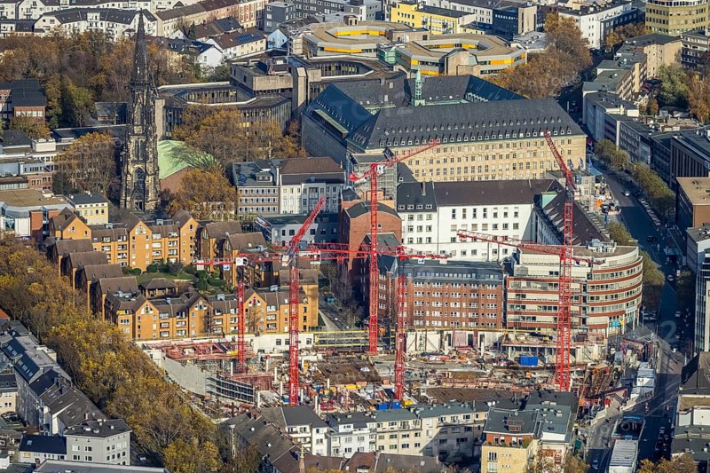 Construction site and new construction for three-part commercial building complex Viktoria Karree, Viktoriastraße, former justice centre, RuhrCongress Bochum Verwaltungs-GmbH, Gleisdreieck, Bochum, Ruhr area, North Rhine-Westphalia, Germany, construction work, construction vehicles, construction area, construction site, building plots, construction crane, construction project, construction project, construction site, authority, DE, Europe, aerial view, aerial photograph, aerial photography, aerial photography, new building, Bochum town hall, overview, Viktoria Karree, bird's eye view, birds-eyes view, overview