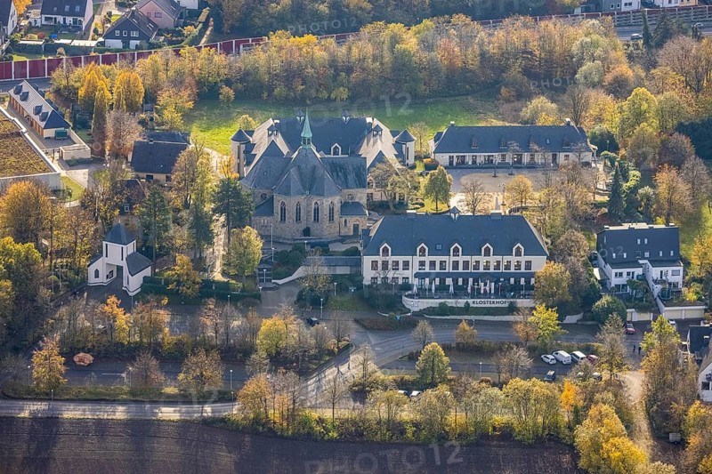 Cistercian monastery Bochum-Stiepel, Restaurant Klosterhof, Stiepel, Bochum, Ruhr area, North Rhine-Westphalia, Germany, Am Varenholt, place of worship, café, DE, food and drink, Europe, inn, gastronomy, religious community, holy place, chapel, Stiepel monastery, denomination, aerial view, aerial photograph, aerial photography, aerial photography, priory of the Heiligenkreuz monastery, religious site, restaurant, overview, bird's eye view, bird's eye view, overview
