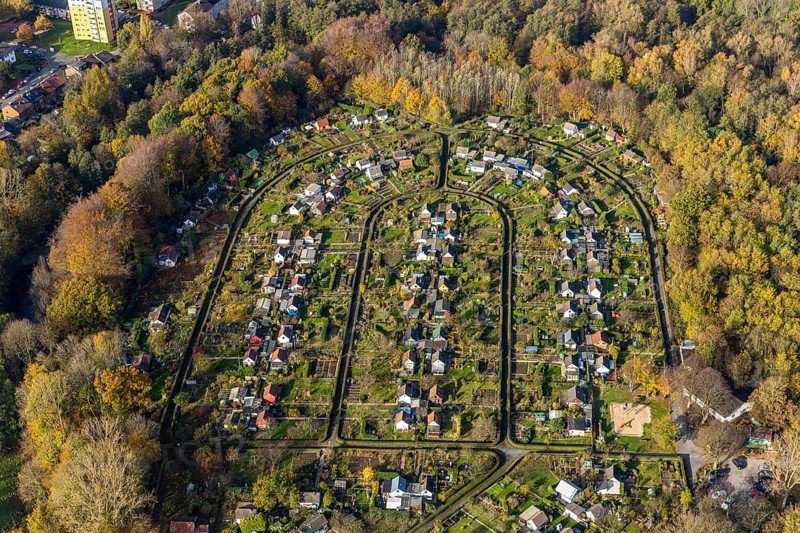 Allotment garden association Rottmannshof e.V., Harpener Heide, Bochum, North Rhine-Westphalia, Germany, DE, design, relaxation, recreation, Europe, shapes and colours, leisure, community garden, allotment garden, allotment garden site, allotment garden association, aerial view, aerial photograph, aerial photography, aerial photography, Ruhr area, allotment garden, overview, bird's eye view, birds-eyes view, green lung, overview