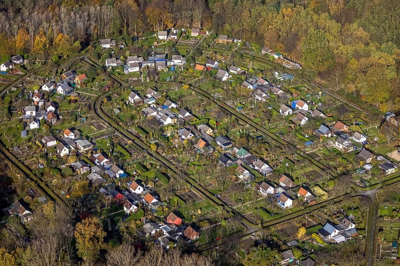 Allotment garden association Rottmannshof e.V., Harpener Heide, Bochum, North Rhine-Westphalia, Germany, DE, design, relaxation, recreation, Europe, shapes and colours, leisure, community garden, allotment garden, allotment garden site, allotment garden association, aerial view, aerial photograph, aerial photography, aerial photography, Ruhr area, allotment garden, overview, bird's eye view, birds-eyes view, green lung, overview