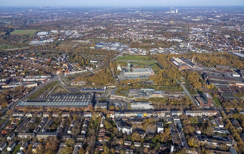 Jahrhunderthalle Bochum, Westpark, Kruppwerke, Bochum, Ruhr area, North Rhine-Westphalia, Germany, An der Jahrhunderthalle, DE, Europe, culture, art, aerial view, aerial photograph, aerial photography, aerial photography, overview, events, venue, event location, event centre, bird's-eye view, birds-eyes view, cultural use, overview