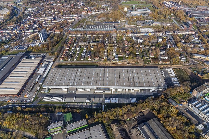 DSV Stuttgart GmbH freight forwarding service, Kruppwerke, Bochum, Ruhr area, North Rhine-Westphalia, Germany, DE, Europe, commercial enterprises, commercial area, commercial park, commercial location, commercial use, freight traffic, industrial area, industrial building, industrial location, logistics, logistics service, logistics service provider, logistics provider, logistics centre, aerial view, aerial photograph, aerial photography, aerial photography, freight forwarding, transport, transport service, overview, bird's-eye view, bird's-eye view, overview