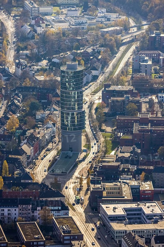 Office tower Exzenterhaus Bochum an der Universitätsstraße, Südinnenstadt, Bochum, Ruhr area, North Rhine-Westphalia, Germany, DE, Europe, commercial buildings, skyscraper, aerial view, aerial photography, aerial photography, overview, bird's-eye view, overview