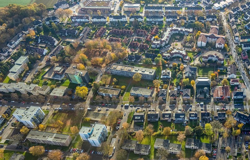 Residential area high-rise buildings Im Hagenacker, Winterkamp, Bergen, Bochum, Ruhr area, North Rhine-Westphalia, Germany, Bergener Straße, DE, Europe, property tax, real estate, aerial view, aerial photograph, aerial photography, aerial photography, overview, bird's-eye view, residential area, housing and living, residential area, residential buildings, residential quality, residential neighbourhood, housing estate, birds-eyes view, overview