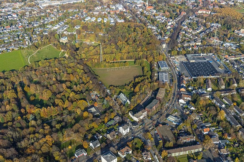 Palace gardens, Weitmar-Mark, Bochum, Ruhr area, North Rhine-Westphalia, Germany, DE, Europe, autumn colours, cube, aerial view, aerial photograph, aerial photography, aerial photography, park, overview, bird's-eye view, forest area, birds-eyes view, green lung, overview
