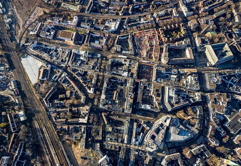 Aerial view, vertical shot city centre with Kortumstraße and new justice centre, Gleisdreieck, Bochum, Ruhr area, North Rhine-Westphalia, Germany, DE, Europe, birds-eyes view, aerial view, aerial photography, aerial photography, overview, bird's eye view