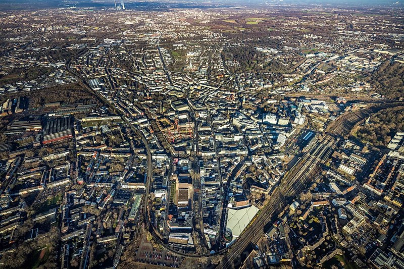 Aerial view, city overview Bochum from west with Gleisdreieck, Kortumstraße, Bermuda triangle, Bochum, Ruhr area, North Rhine-Westphalia, Germany, DE, Europe, birds-eyes view, aerial view, aerial photography, aerial photography, overview, bird's eye view