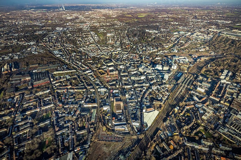 Aerial view, city overview Bochum from west with Gleisdreieck, Kortumstraße, Bermuda triangle, Bochum, Ruhr area, North Rhine-Westphalia, Germany, DE, Europe, birds-eyes view, aerial view, aerial photography, aerial photography, overview, bird's eye view