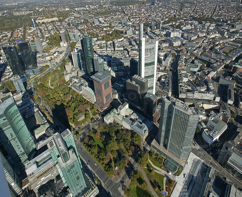 Frankfurt, skyline, skyscrapers, Deutsche Bank, DEU Germany Germany, Europe, aerial view, birds-eyes view, aerial photography, aerial photography, overview, overview, bird's eye view