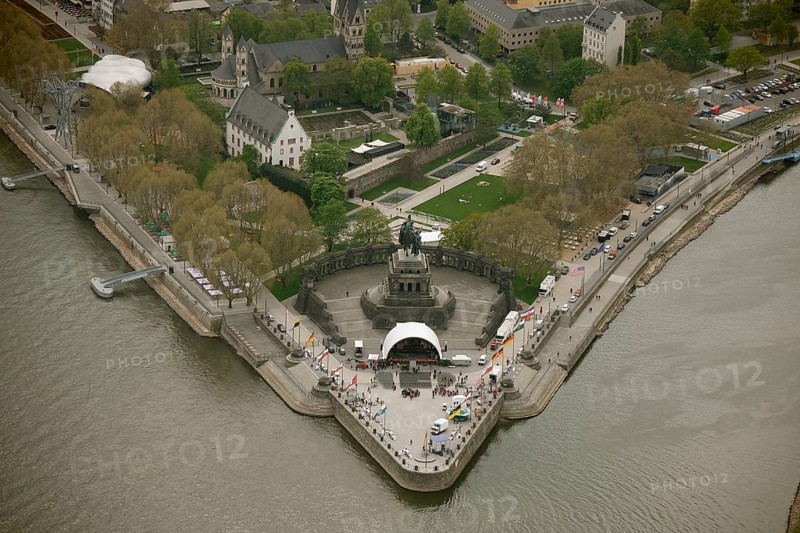 Aerial view, Deutsches Eck, Bundesgartenschau 2011 - Koblenz transforms - 15 April to 16 October 2011, Koblenz, Bundesgartenschau 2011, Rhineland-Palatinate, Germany, Europe, birds-eyes view, aerial photography, aerial, aerial photography, overview, overview, bird's eye view, Deutsches Eck Blumenhof Kurfürstliches Schloss Festung Ehrenbreitstein, horticulture, opening, garden show, performance show, gardener, landscape planning, Rhine