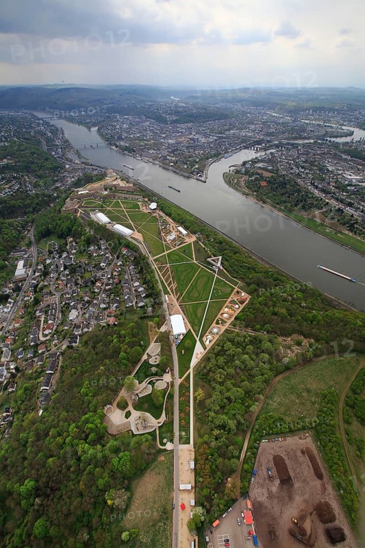 Aerial view, Ehrenbreitstein Fortress, Federal Garden Show 2011 - Koblenz Transforms - 15 April to 16 October 2011, Koblenz, Federal Garden Show 2011, Rhineland-Palatinate, Germany, Europe, birds-eyes view, aerial photography, aerial, aerial photography, overview, overview, bird's-eye view, Deutsches Eck Blumenhof Kurfürstliches Schloss Ehrenbreitstein Fortress, horticulture, opening, garden show, performance show, gardener, landscape planning, Rhine
