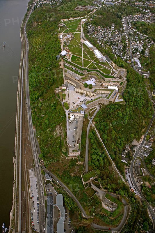 Aerial view, Ehrenbreitstein Fortress, Federal Garden Show 2011 - Koblenz Transforms - 15 April to 16 October 2011, Koblenz, Federal Garden Show 2011, Rhineland-Palatinate, Germany, Europe, birds-eyes view, aerial photography, aerial, aerial photography, overview, overview, bird's-eye view, Deutsches Eck Blumenhof Kurfürstliches Schloss Ehrenbreitstein Fortress, horticulture, opening, garden show, performance show, gardener, landscape planning, Rhine