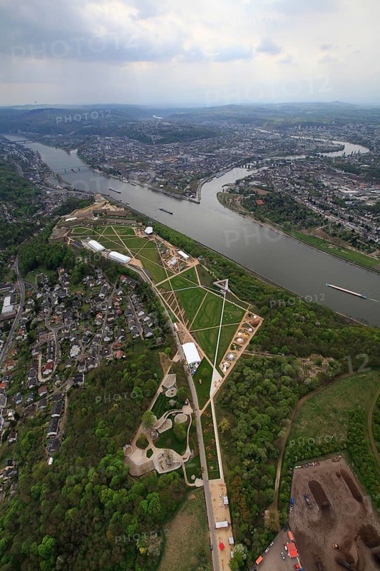 Aerial, Ehrenbreitstein Fortress, Moselle estuary Moselle, Federal Garden Show 2011 - Koblenz transformed - 15 April to 16 October 2011, Koblenz, Federal Garden Show 2011, Rhineland-Palatinate, Germany, Europe, birds-eyes view, aerial photography, aerial, aerial photography, overview, overview, bird's-eye view, Deutsches Eck Blumenhof Kurfürstliches Schloss Ehrenbreitstein Fortress, horticulture, opening, garden show, gardener, landscape planning, Rhine