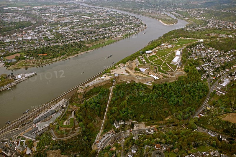 Aerial view, Ehrenbreitstein Fortress, Federal Garden Show 2011 - Koblenz Transforms - 15 April to 16 October 2011, Koblenz, Federal Garden Show 2011, Rhineland-Palatinate, Germany, Europe, birds-eyes view, aerial photography, aerial, aerial photography, overview, overview, bird's-eye view, Deutsches Eck Blumenhof Kurfürstliches Schloss Ehrenbreitstein Fortress, horticulture, opening, garden show, performance show, gardener, landscape planning, Rhine