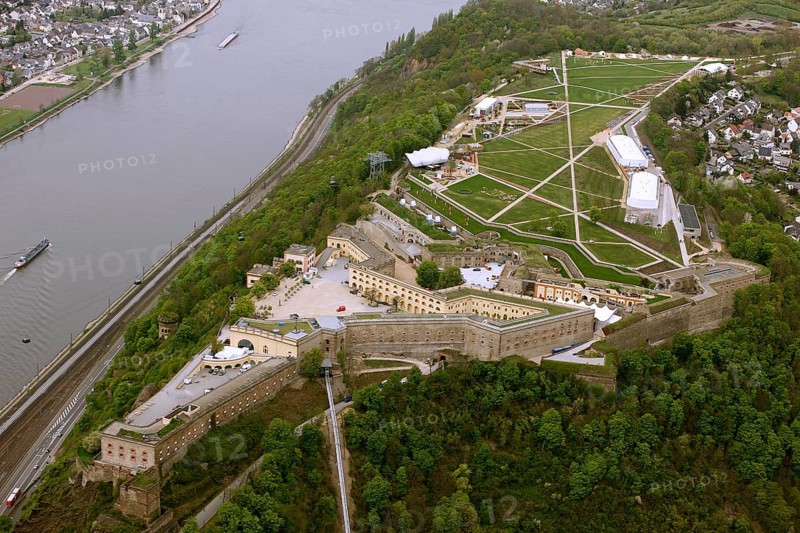 Aerial view, Ehrenbreitstein Fortress, Federal Garden Show 2011 - Koblenz Transforms - 15 April to 16 October 2011, Koblenz, Federal Garden Show 2011, Rhineland-Palatinate, Germany, Europe, birds-eyes view, aerial photography, aerial, aerial photography, overview, overview, bird's-eye view, Deutsches Eck Blumenhof Kurfürstliches Schloss Ehrenbreitstein Fortress, horticulture, opening, garden show, performance show, gardener, landscape planning, Rhine