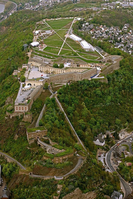 Aerial view, Ehrenbreitstein Fortress, Federal Garden Show 2011 - Koblenz Transforms - 15 April to 16 October 2011, Koblenz, Federal Garden Show 2011, Rhineland-Palatinate, Germany, Europe, birds-eyes view, aerial photography, aerial, aerial photography, overview, overview, bird's-eye view, Deutsches Eck Blumenhof Kurfürstliches Schloss Ehrenbreitstein Fortress, horticulture, opening, garden show, performance show, gardener, landscape planning, Rhine