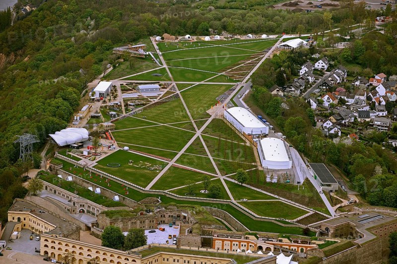 Aerial view, Ehrenbreitstein Fortress, Federal Garden Show 2011 - Koblenz Transforms - 15 April to 16 October 2011, Koblenz, Federal Garden Show 2011, Rhineland-Palatinate, Germany, Europe, birds-eyes view, aerial photography, aerial, aerial photography, overview, overview, bird's-eye view, Deutsches Eck Blumenhof Kurfürstliches Schloss Ehrenbreitstein Fortress, horticulture, opening, garden show, performance show, gardener, landscape planning, Rhine