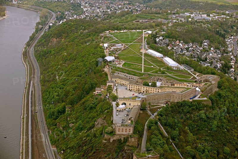 Aerial view, Ehrenbreitstein Fortress, Federal Garden Show 2011 - Koblenz Transforms - 15 April to 16 October 2011, Koblenz, Federal Garden Show 2011, Rhineland-Palatinate, Germany, Europe, birds-eyes view, aerial photography, aerial, aerial photography, overview, overview, bird's-eye view, Deutsches Eck Blumenhof Kurfürstliches Schloss Ehrenbreitstein Fortress, horticulture, opening, garden show, performance show, gardener, landscape planning, Rhine