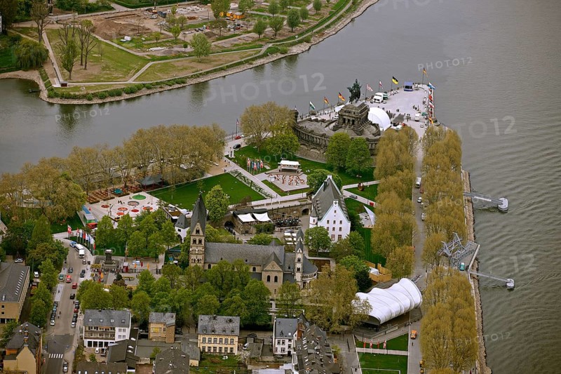 Aerial view, Deutsches Eck, Bundesgartenschau 2011 - Koblenz transforms - 15 April to 16 October 2011, Koblenz, Bundesgartenschau 2011, Rhineland-Palatinate, Germany, Europe, birds-eyes view, aerial photography, aerial, aerial photography, overview, overview, bird's eye view, Deutsches Eck Blumenhof Kurfürstliches Schloss Festung Ehrenbreitstein, horticulture, opening, garden show, performance show, gardener, landscape planning, Rhine