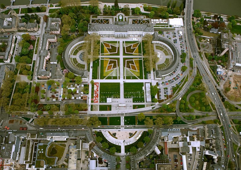 Aerial view, Federal Garden Show 2011 - Koblenz transformed - 15 April to 16 October 2011, Electoral Palace, Koblenz, Federal Garden Show 2011, Rhineland-Palatinate, Germany, Europe, birds-eyes view, aerial photography, aerial, aerial photography, overview, overview, bird's eye view, Deutsches Eck Blumenhof Electoral Palace Ehrenbreitstein Fortress, horticulture, opening, garden show, performance show, gardener, landscape planning, Rhine