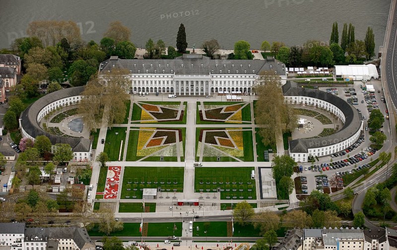 Aerial view, Federal Garden Show 2011 - Koblenz transformed - 15 April to 16 October 2011, Electoral Palace, Koblenz, Federal Garden Show 2011, Rhineland-Palatinate, Germany, Europe, birds-eyes view, aerial photography, aerial, aerial photography, overview, overview, bird's eye view, Deutsches Eck Blumenhof Electoral Palace Ehrenbreitstein Fortress, horticulture, opening, garden show, performance show, gardener, landscape planning, Rhine