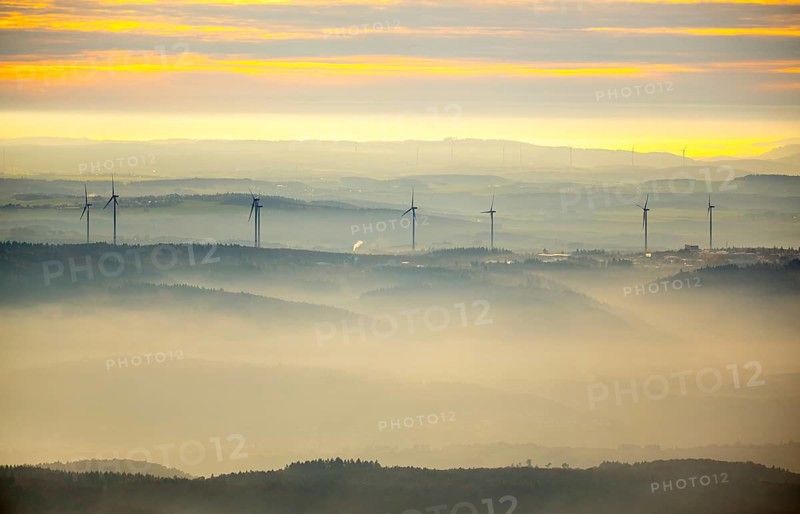 View from the Taunus over the Rhine Valley into the Hunsrück near Boppard, wind power plants on the heights, golden sky, Dachsenhausen, Rhine Valley, Rhineland-Palatinate, Germany, Europe, aerial view, birds-eyes view, aerial photography, aerial photography, overview, bird's eye view