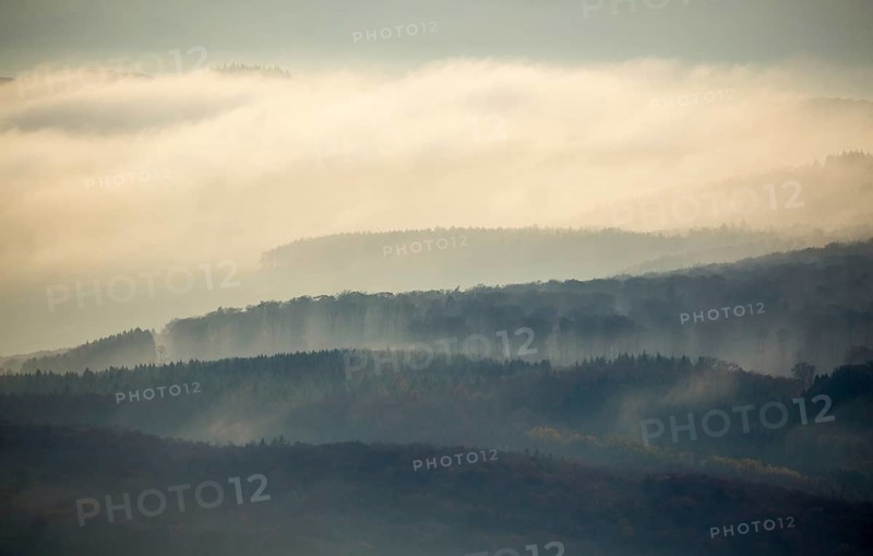 Forests of the Middle Rhine Taunus in the fog, Taunus, forest, Dachsenhausen, Rhine Valley, Rhineland-Palatinate, Germany, Europe, aerial photo, birds-eyes view, aerial photography, aerial photography, overview, bird's eye view