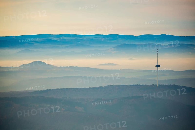 View from the Rhine valley to the heights of the Hunsrück with television tower of Koblenz, telecommunications tower, Oberbachheim, Hunsrück, Rhineland-Palatinate, Germany, Europe, aerial view, birds-eyes view, aerial photograph, aerial photography, aerial photography, overview, bird's eye view