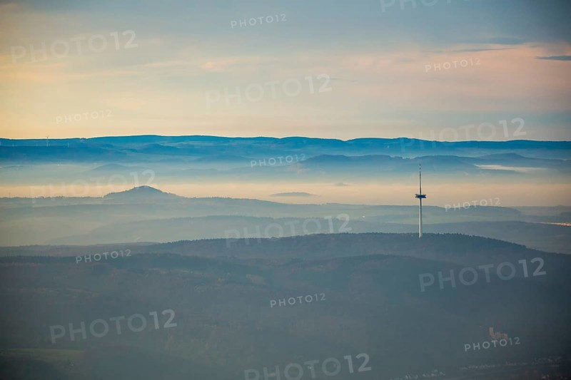 View from the Rhine valley to the heights of the Hunsrück with television tower of Koblenz, telecommunications tower, Oberbachheim, Hunsrück, Rhineland-Palatinate, Germany, Europe, aerial view, birds-eyes view, aerial photograph, aerial photography, aerial photography, overview, bird's eye view