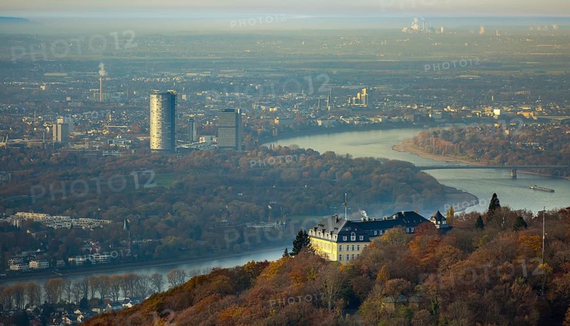 Bundesgästehaus Hotel Petersberg against the backdrop of Bonn, Königswinter, Siebengebierge between Königswinter and Bad Honnef, autumn leaves, North Rhine-Westphalia, Germany, Europe, aerial photo, birds-eyes view, aerial photography, aerial photography, overview, bird's eye view