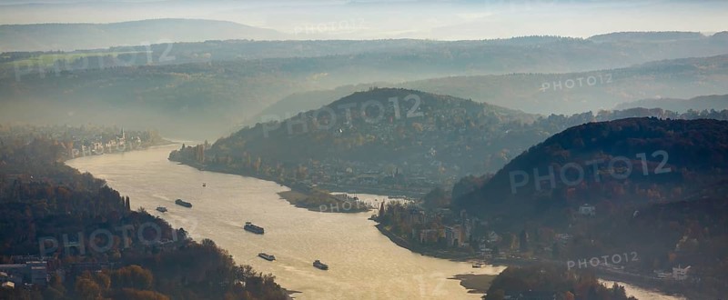 Rhine valley in the haze near Königswinter, Siebengebierge between Königswinter and Bad Honnef, autumn foliage, North Rhine-Westphalia, Germany, Königswinter, Europe, aerial view, birds-eyes view, aerial photography, aerial photography, overview, bird's eye view