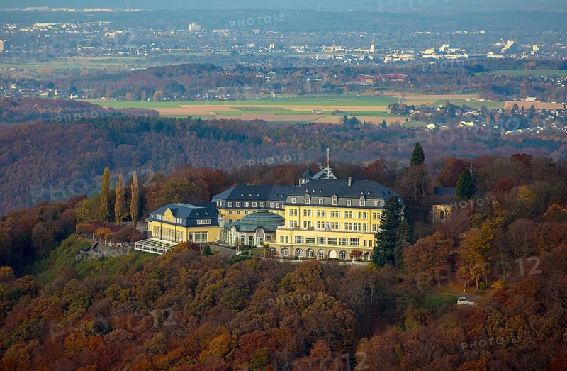 Bundesgästehaus Hotel Petersberg against the backdrop of Bonn, Königswinter, Siebengebierge between Königswinter and Bad Honnef, autumn leaves, North Rhine-Westphalia, Germany, Europe, aerial photo, birds-eyes view, aerial photography, aerial photography, overview, bird's eye view
