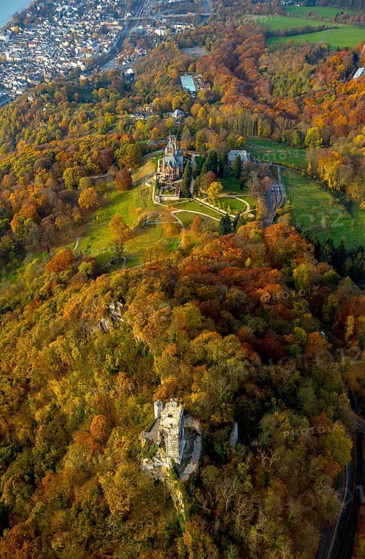 Castle ruins Drachenfels and Schloss Drachenburg, Bad Honnef, Siebengebierge between Königswinter and Bad Honnef, autumn leaves, North Rhine-Westphalia, Germany, Europe, aerial view, birds-eyes view, aerial photography, aerial photography, overview, bird's eye view