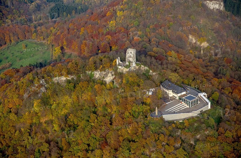 Castle ruins Drachenfels with plateau and glass cube, Bad Honnef, Siebengebierge between Königswinter and Bad Honnef, autumn foliage, North Rhine-Westphalia, Germany, Europe, aerial view, birds-eyes view, aerial photography, aerial photography, overview, bird's eye view