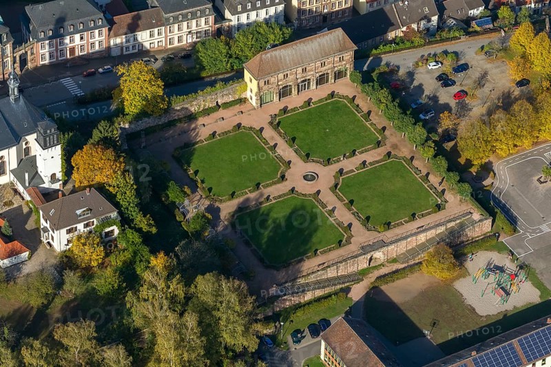 Orangery Lange Bau with remains of the castle, Blieskastel, Saarland, Germany, Europe, aerial view, birds-eyes view, aerial photography, aerial photography, overview, overview, bird's eye view