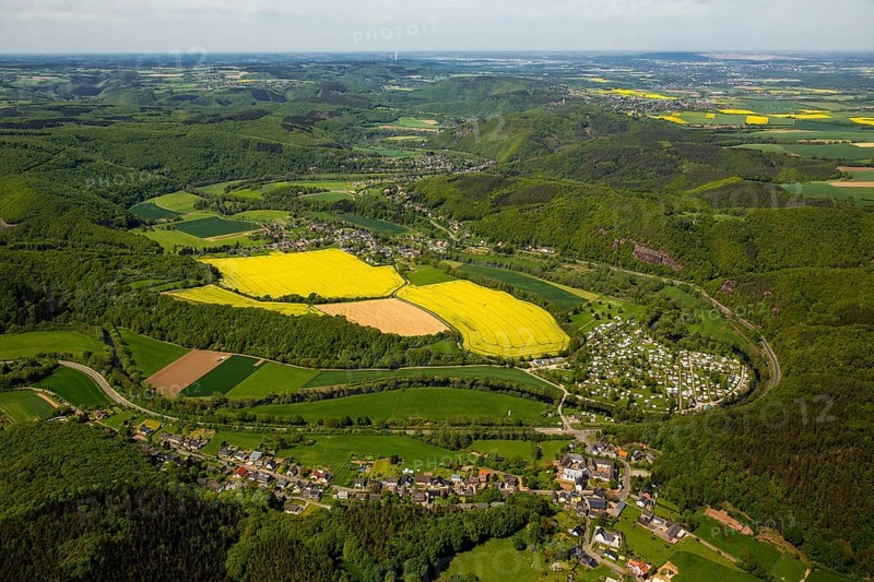 Rurschleife with camping site, agricultural fields and rape fields near Heimbach, Heimbach, Eifel, North Rhine-Westphalia, Germany, Europe, aerial view, birds-eyes view, aerial photography, aerial photography, overview, bird's eye view
