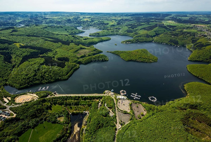 Sailing boat jetty near the dam wall, Rurstausee, Rurtalsperre Schwammenauel second largest reservoir in Germany, Heimbach, Eifel, North Rhine-Westphalia, Germany, Europe, aerial view, birds-eyes view, aerial photography, aerial photography, overview, bird's eye view