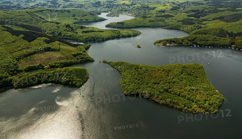 Rurstausee, Rurtalsperre Schwammenauel second largest reservoir in Germany, Heimbach, Eifel, North Rhine-Westphalia, Germany, Europe, aerial photo, birds-eyes view, aerial photography, aerial photography, overview, overview, bird's eye view